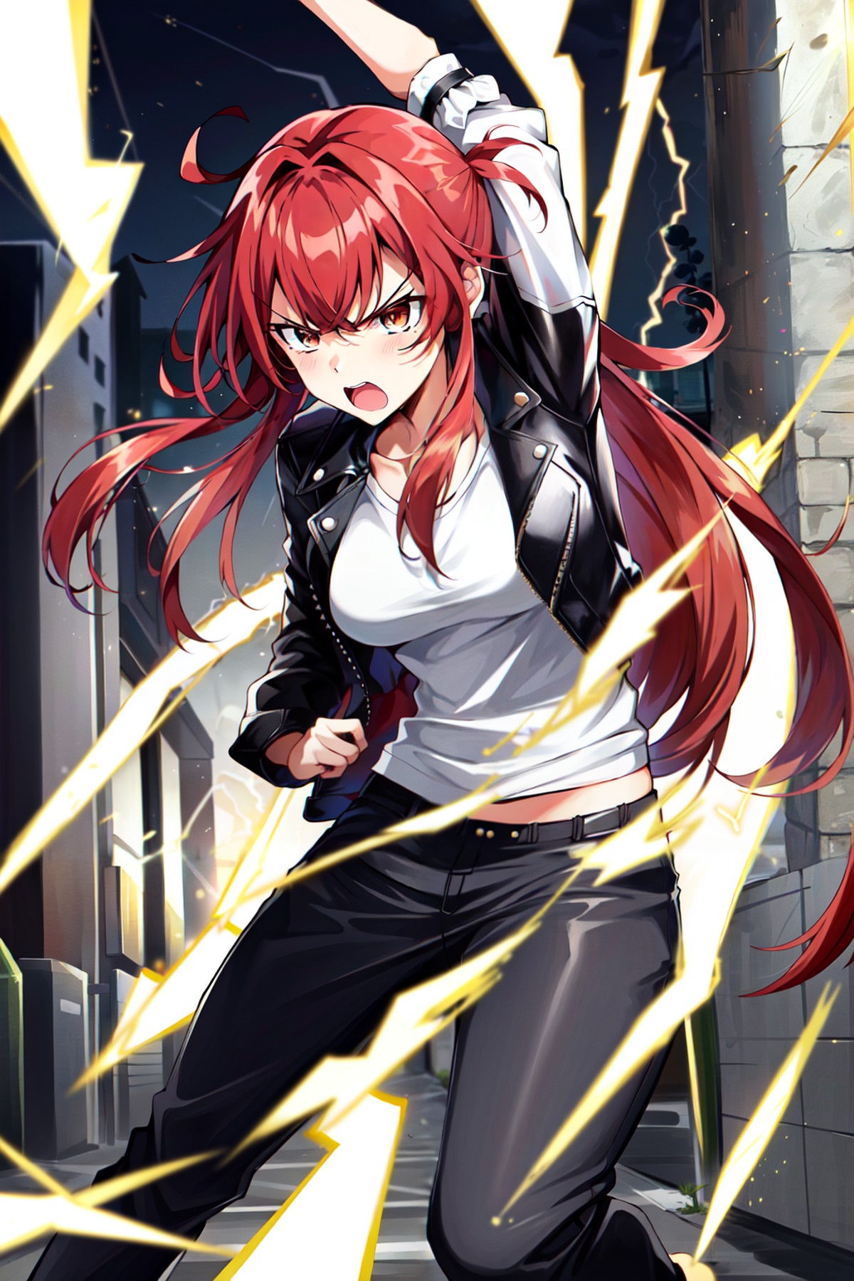 <lora:LightingVFXV2:0.4>  Absurdres, 1girl, fighting in alley, leather jacket, angry (angry:0.9), lightning bolts, hair ex...